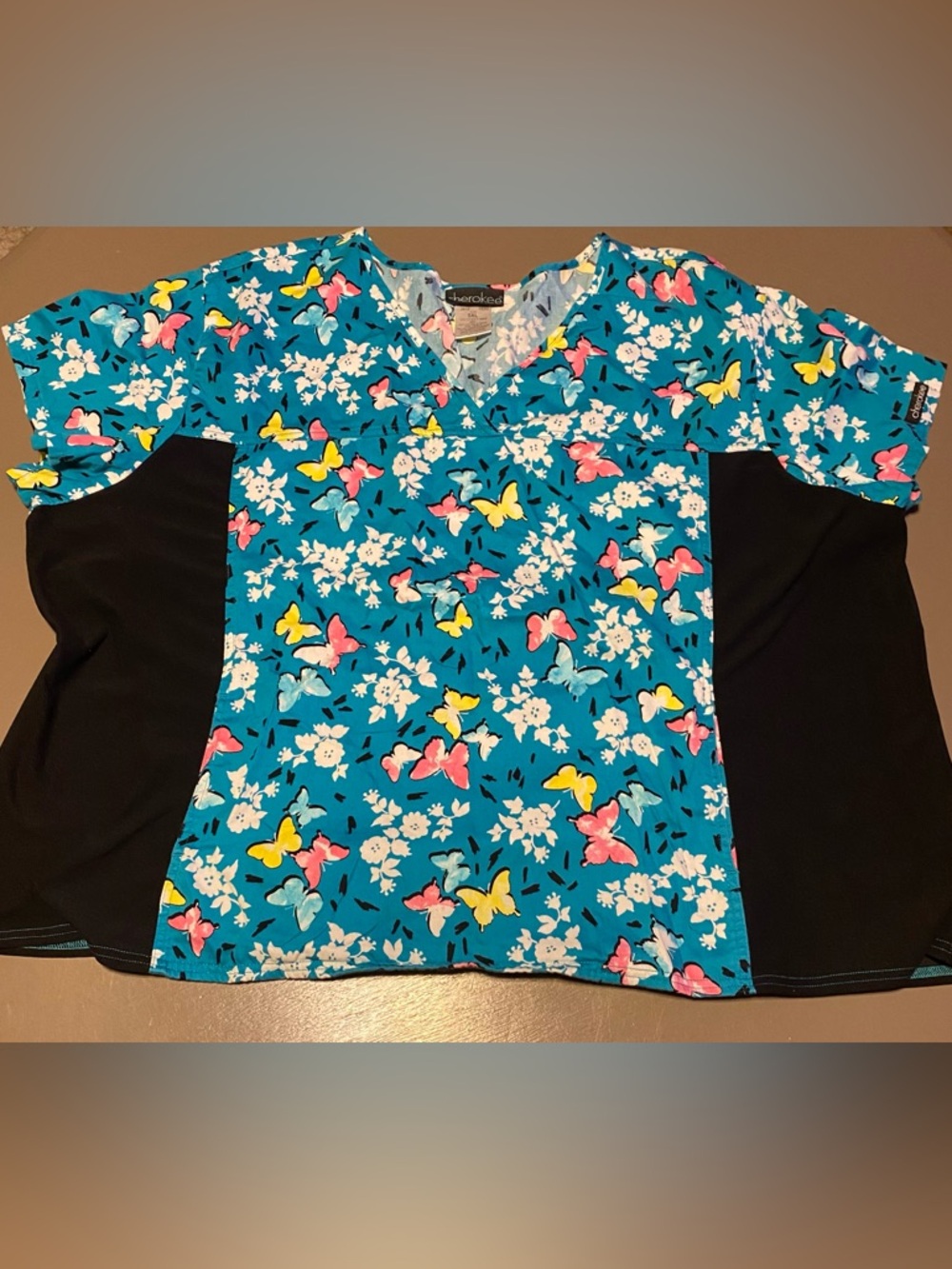 Cherokee Teal Floral Butterfly Scrub Top Size 5X